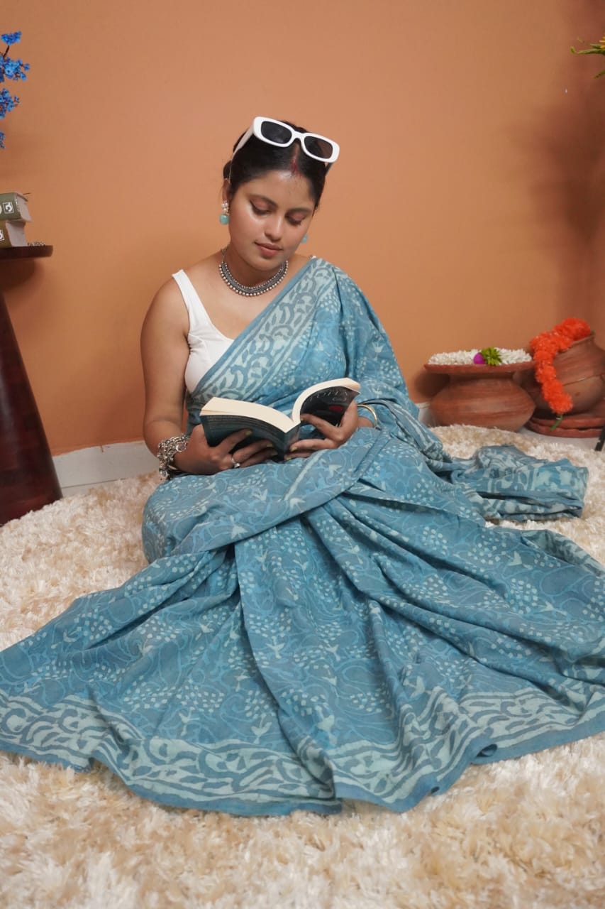 Grey indigo pure mull cotton saree