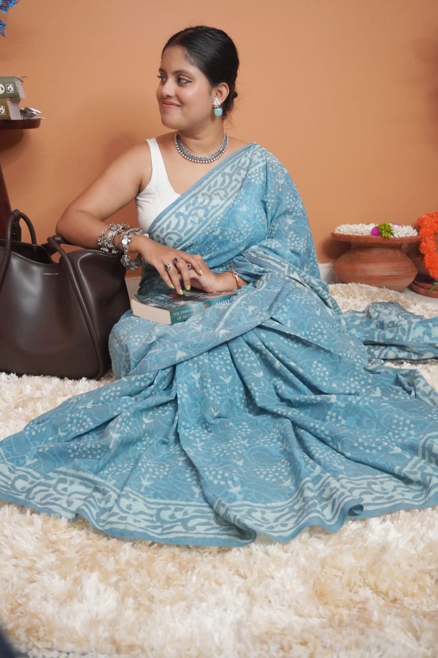 Grey indigo pure mull cotton saree
