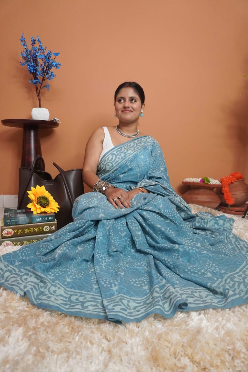 Grey indigo pure mull cotton saree