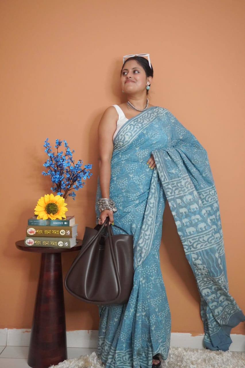 Grey indigo pure mull cotton saree
