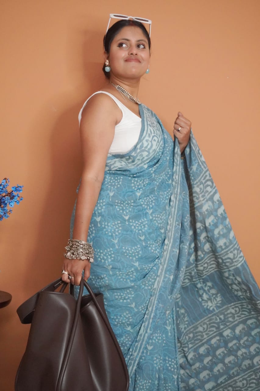 Grey indigo pure mull cotton saree