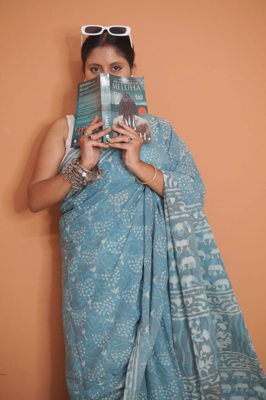 Grey indigo pure mull cotton saree