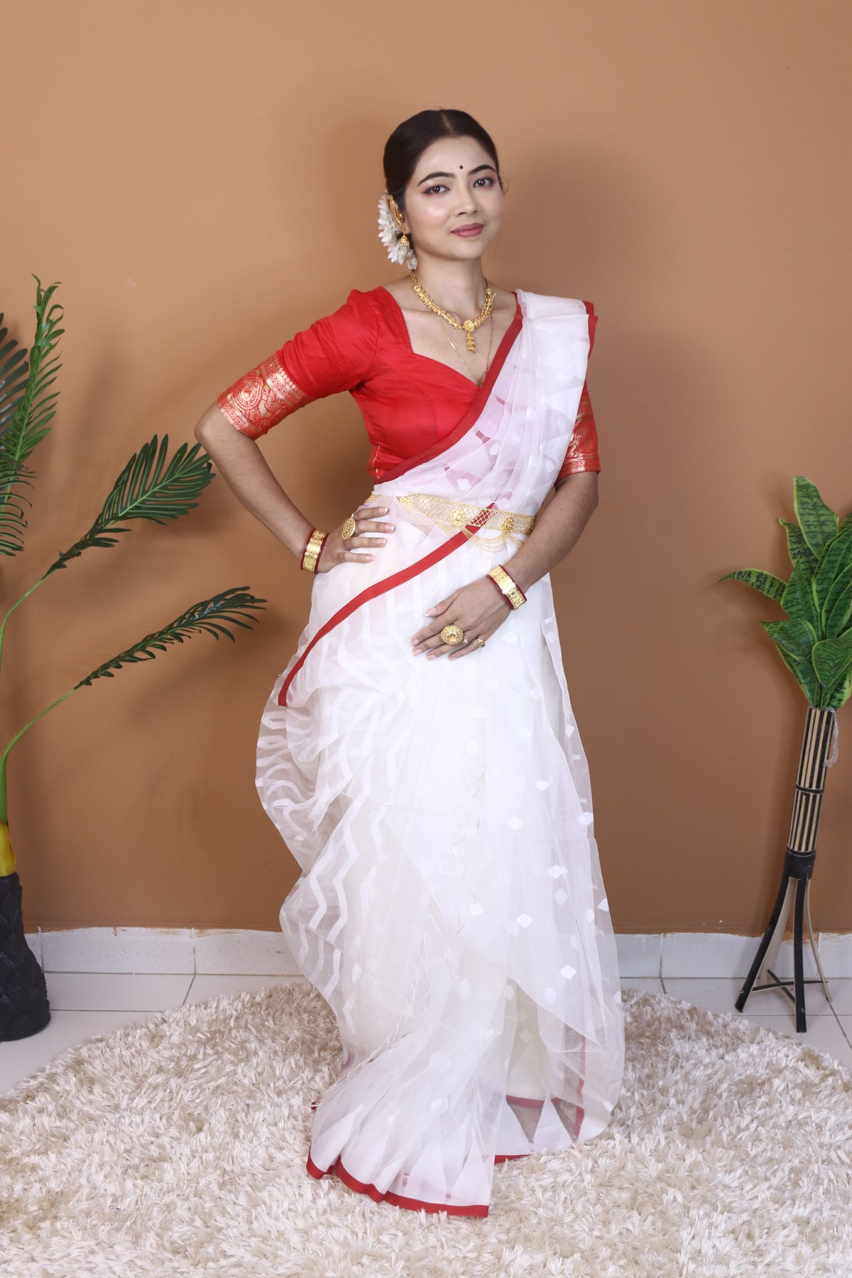 Red Border and White  Maslin Saree