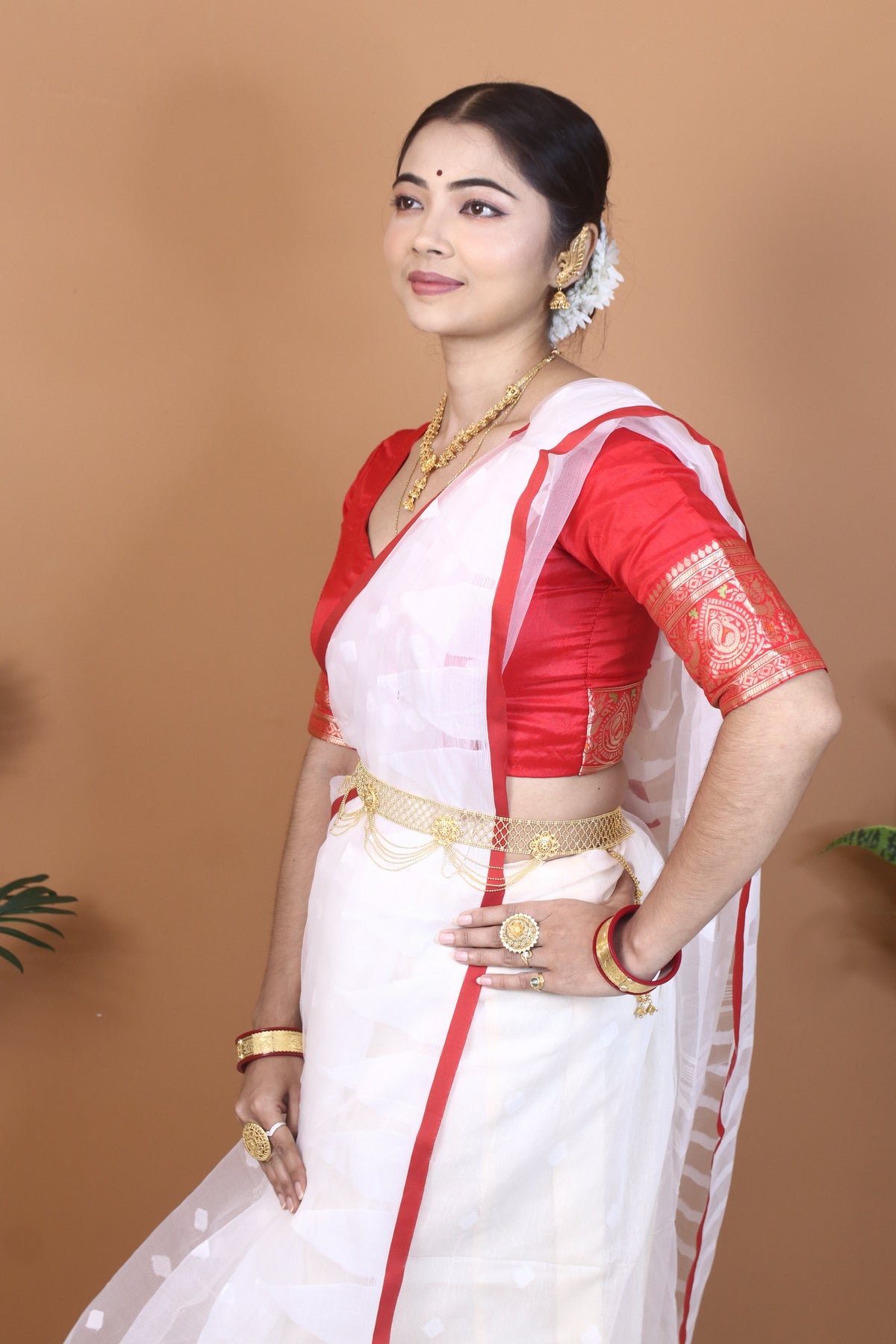 Red Border and White  Maslin Saree