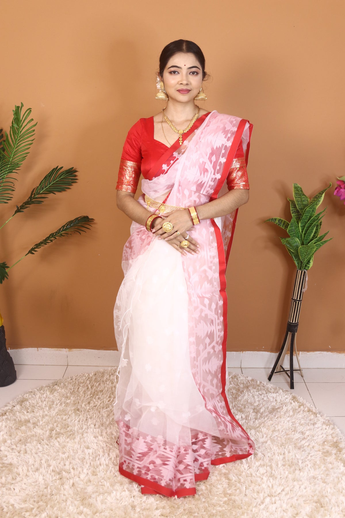 White and Red Maslin Saree