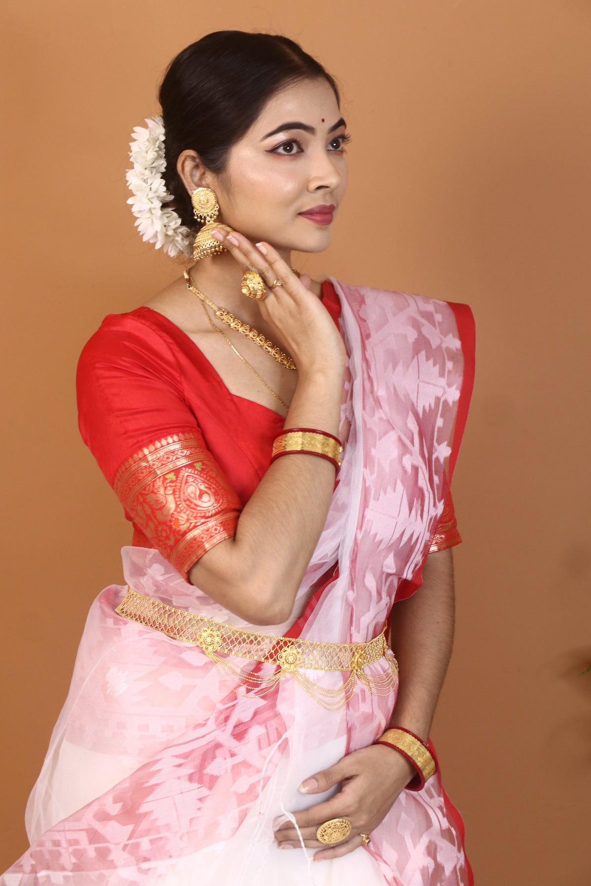 White and Red Maslin Saree