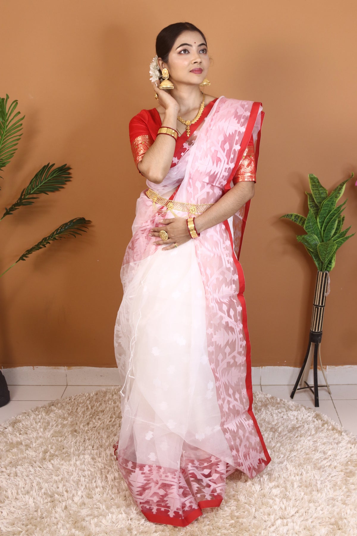 White and Red Maslin Saree