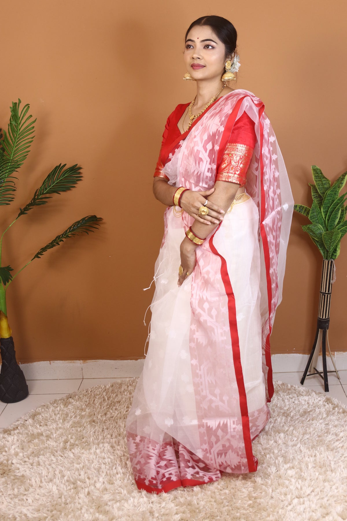 White and Red Maslin Saree
