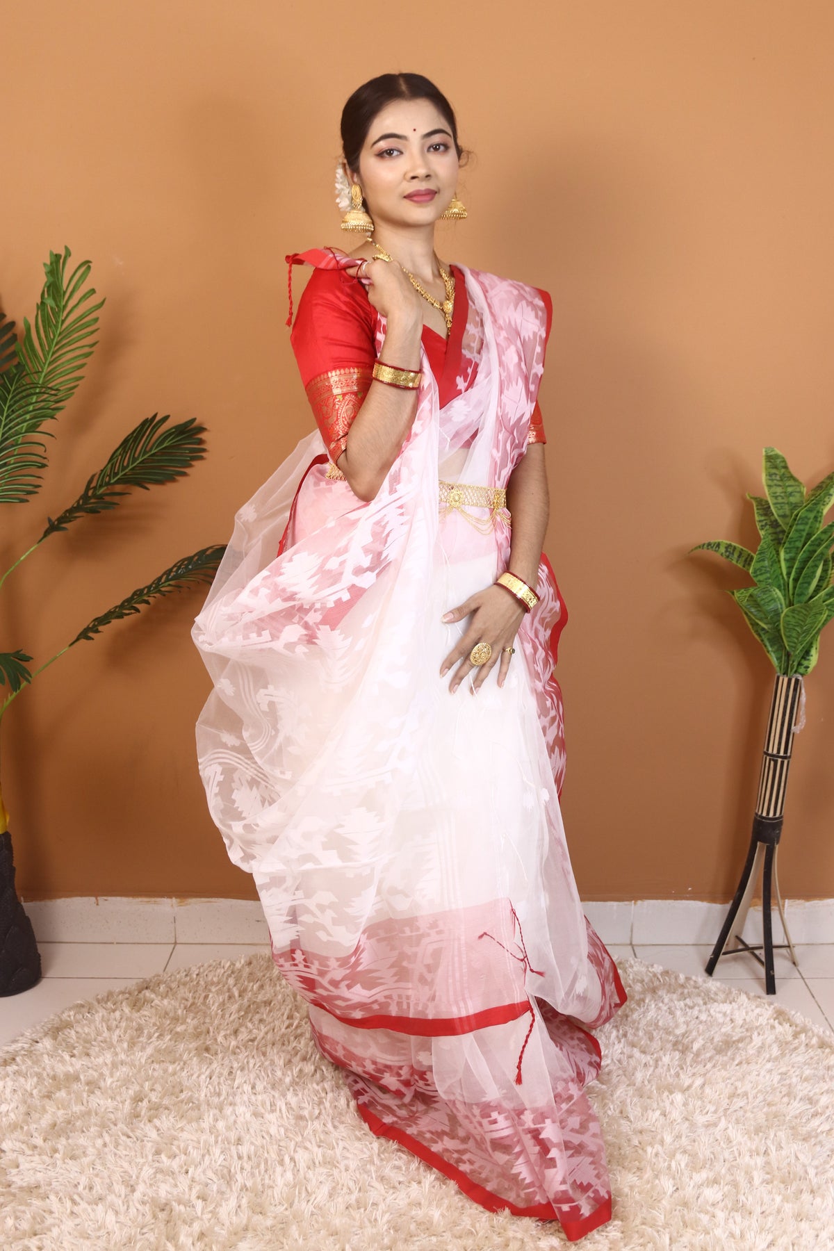 White and Red Maslin Saree
