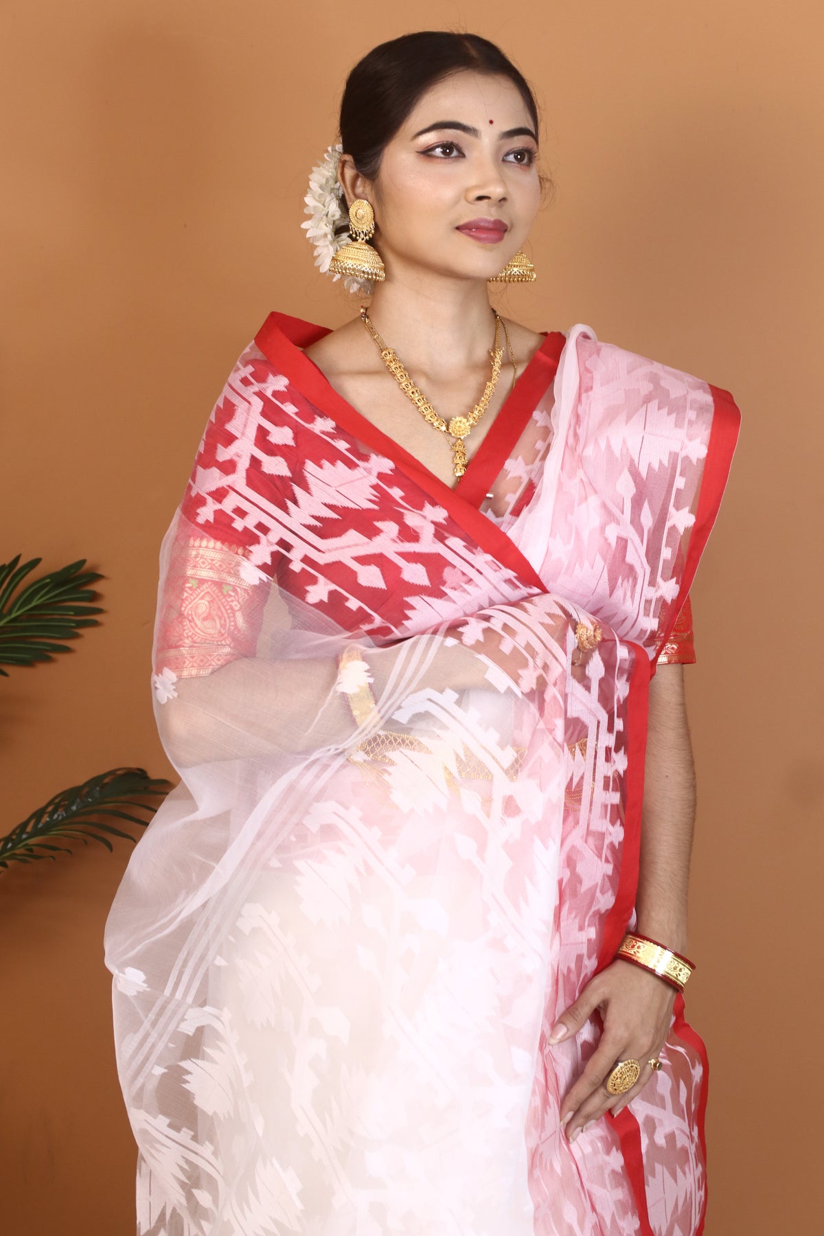 White and Red Maslin Saree