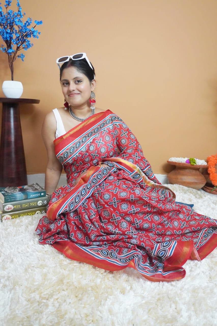 Red indigo pure cotton saree