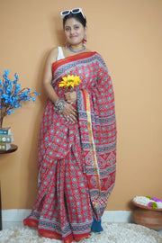 Red indigo pure cotton saree