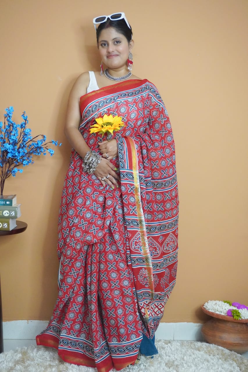 Red indigo pure cotton saree