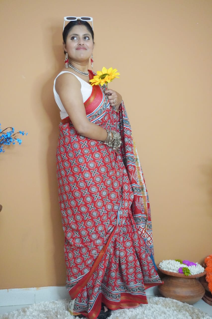 Red indigo pure cotton saree