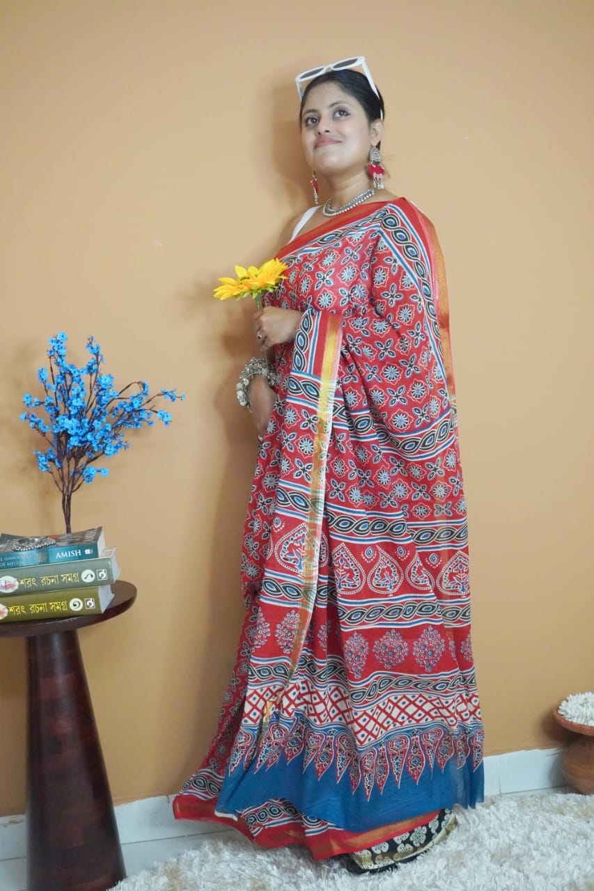 Red indigo pure cotton saree