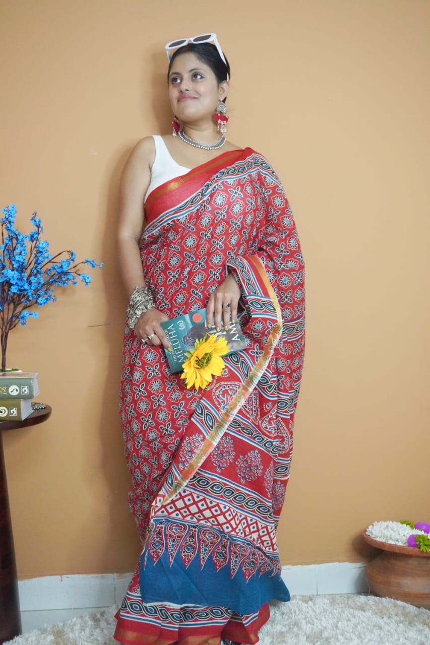 Red indigo pure cotton saree