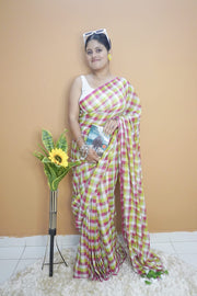 Gamchha green pink striped pure mull cotton  saree