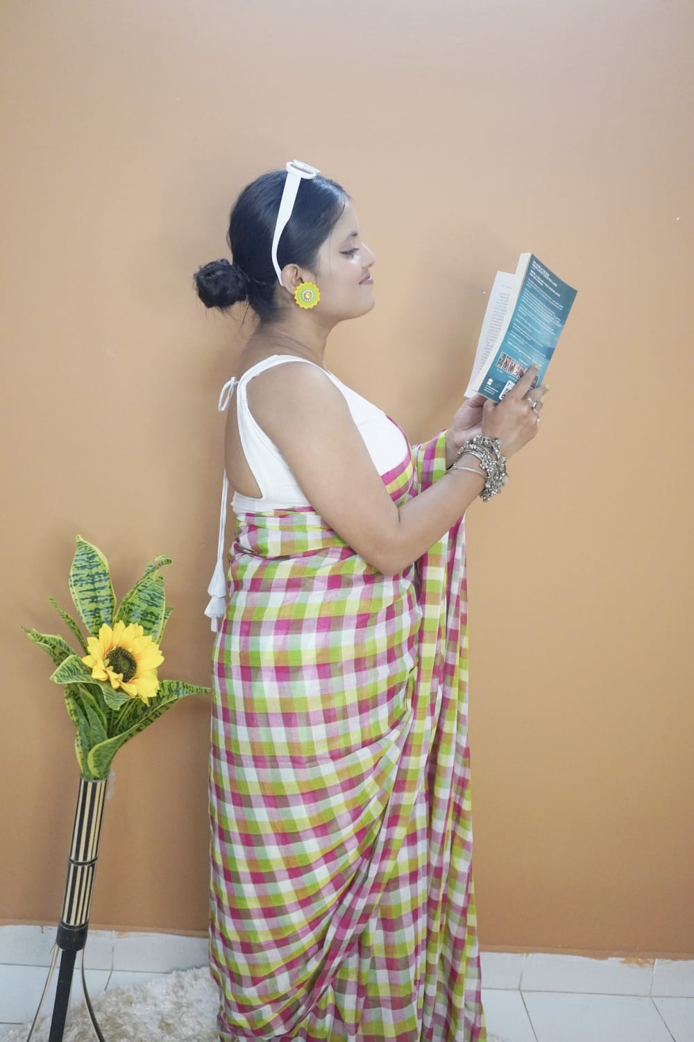 Gamchha green pink striped pure mull cotton  saree