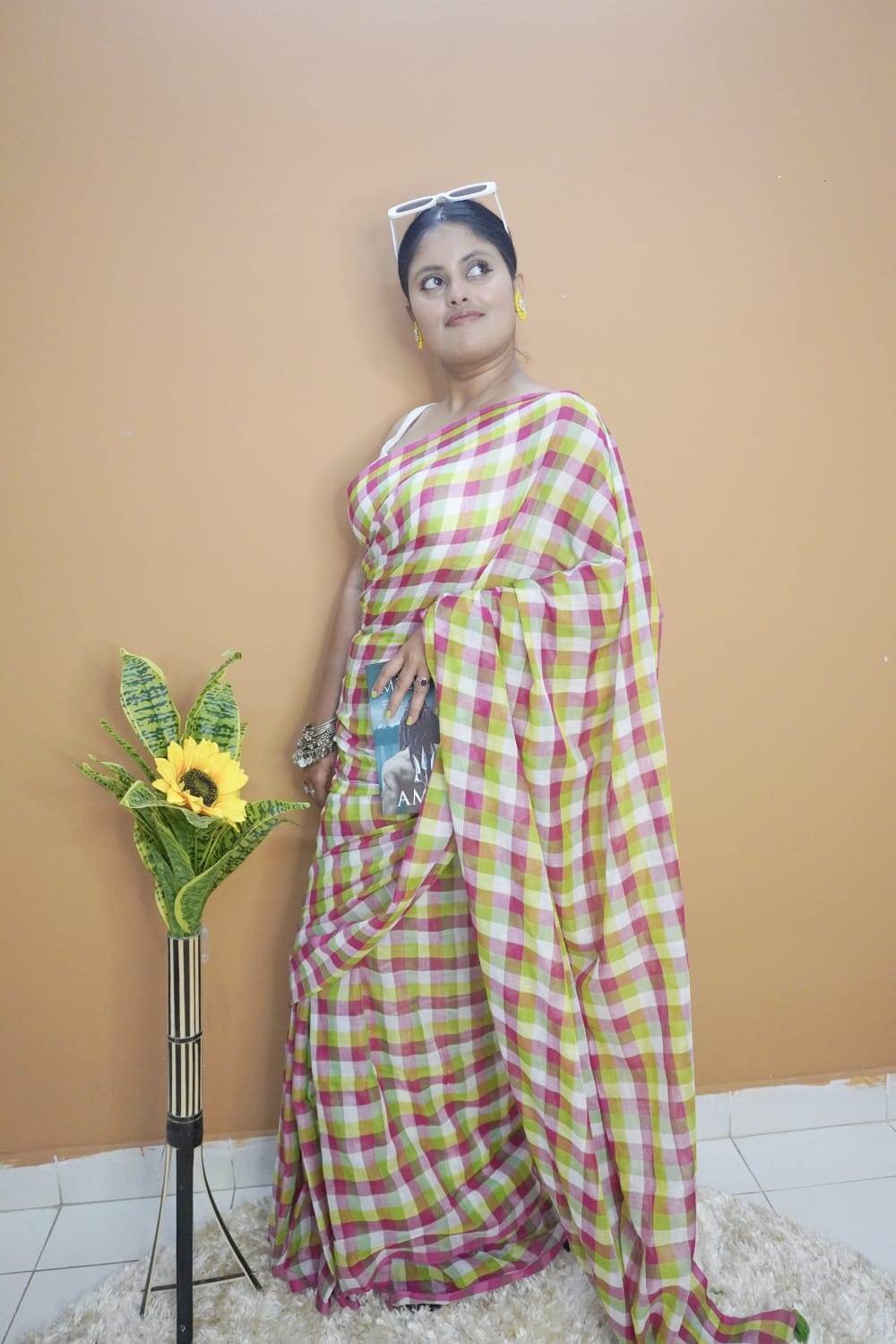 Gamchha green pink striped pure mull cotton  saree