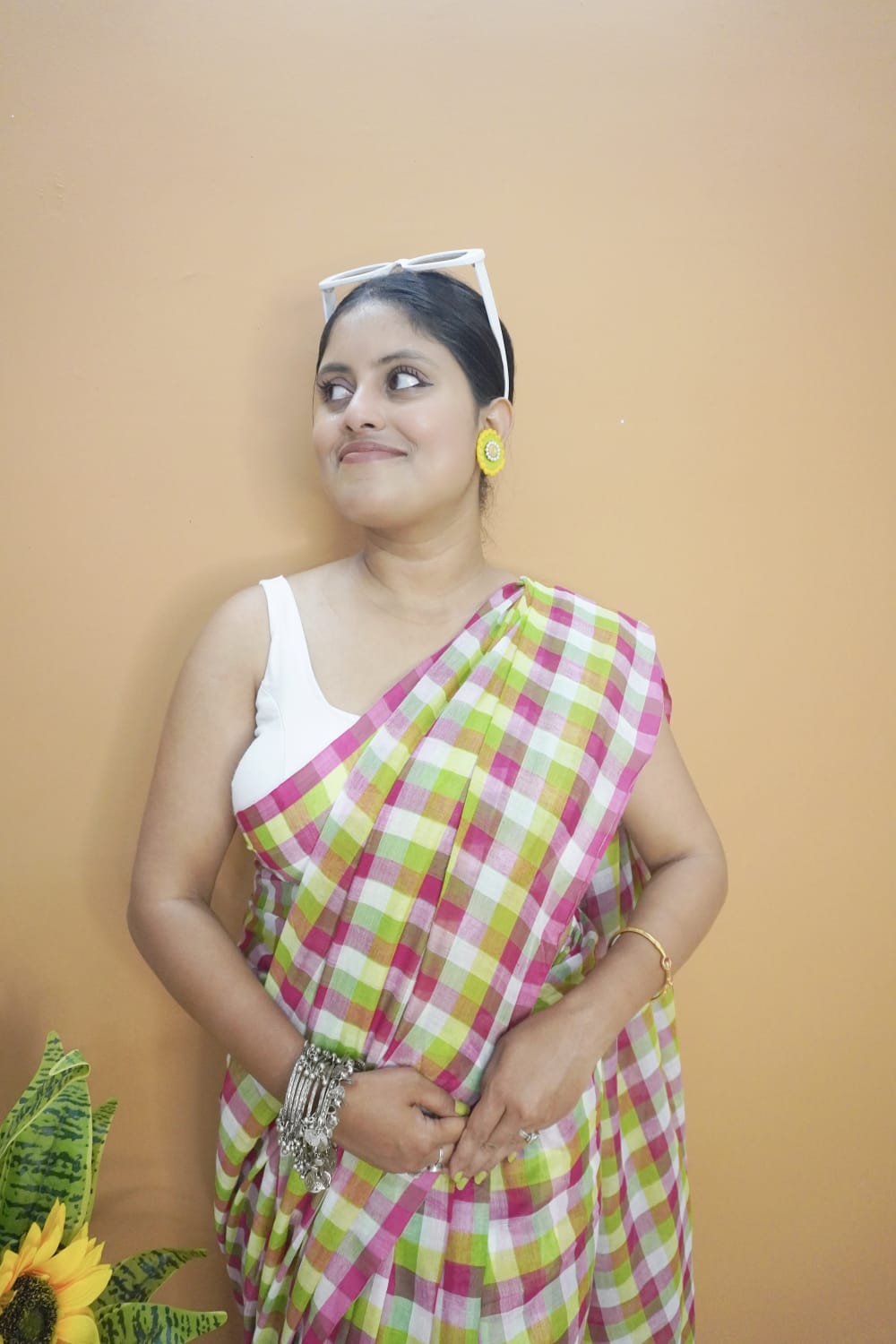 Gamchha green pink striped pure mull cotton  saree
