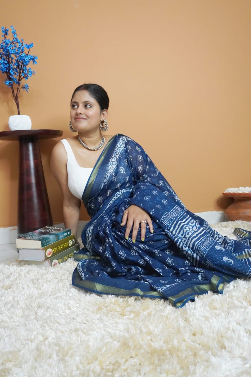 Indigo pure cotton  saree