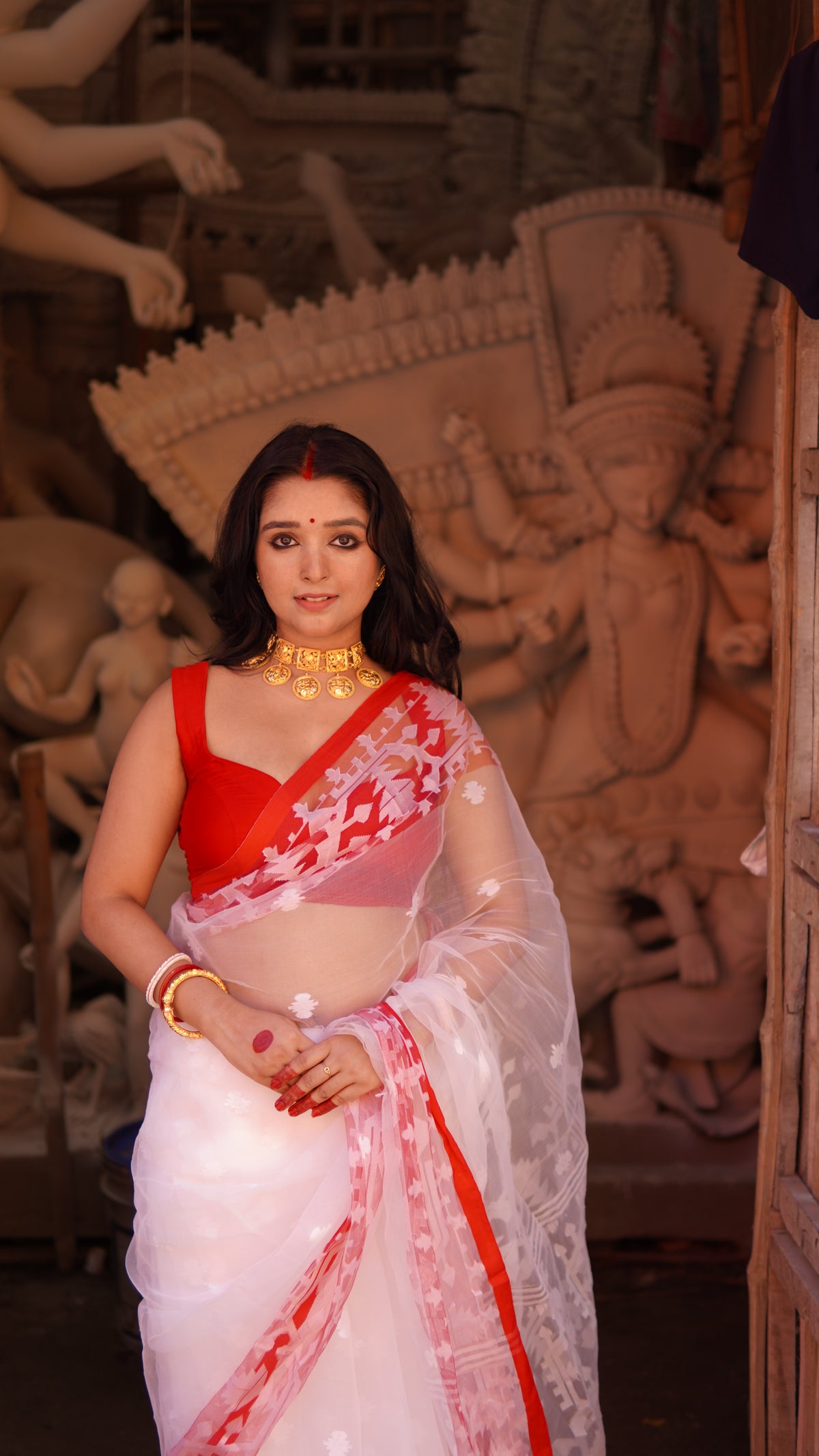 White and Red Maslin Saree