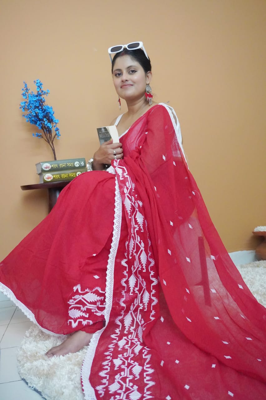 Sindoor ranga dhakai pure mull cotton  saree