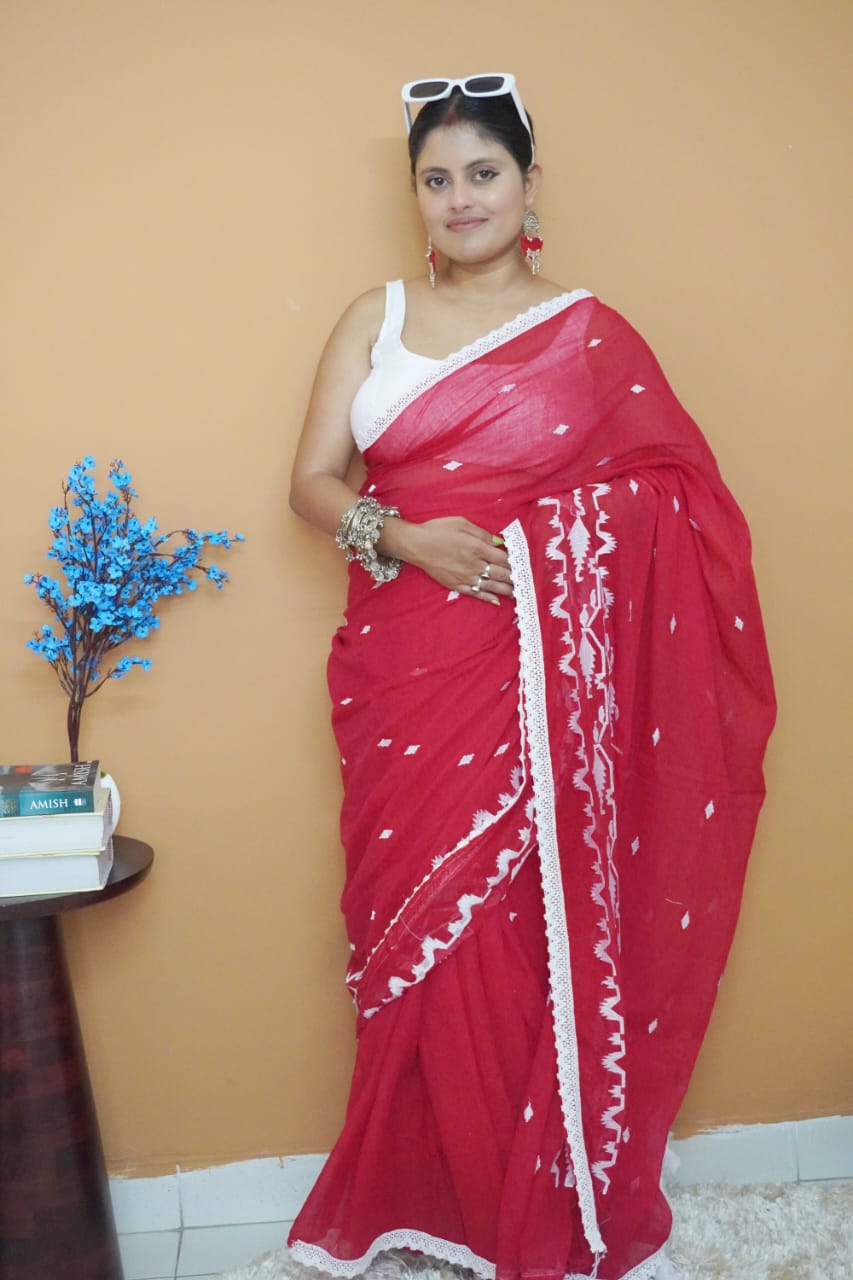 Sindoor ranga dhakai pure mull cotton  saree