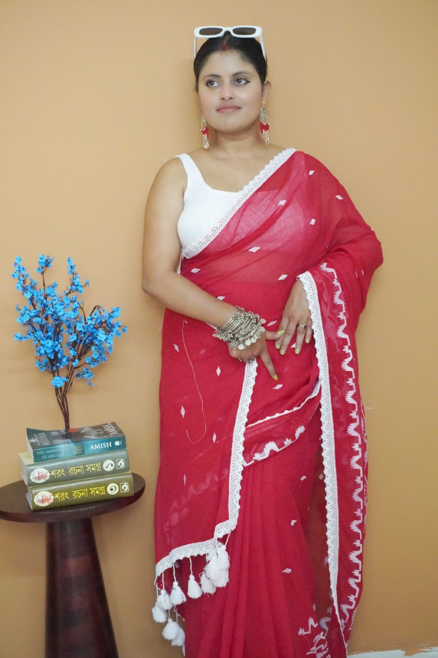 Sindoor ranga dhakai pure mull cotton  saree