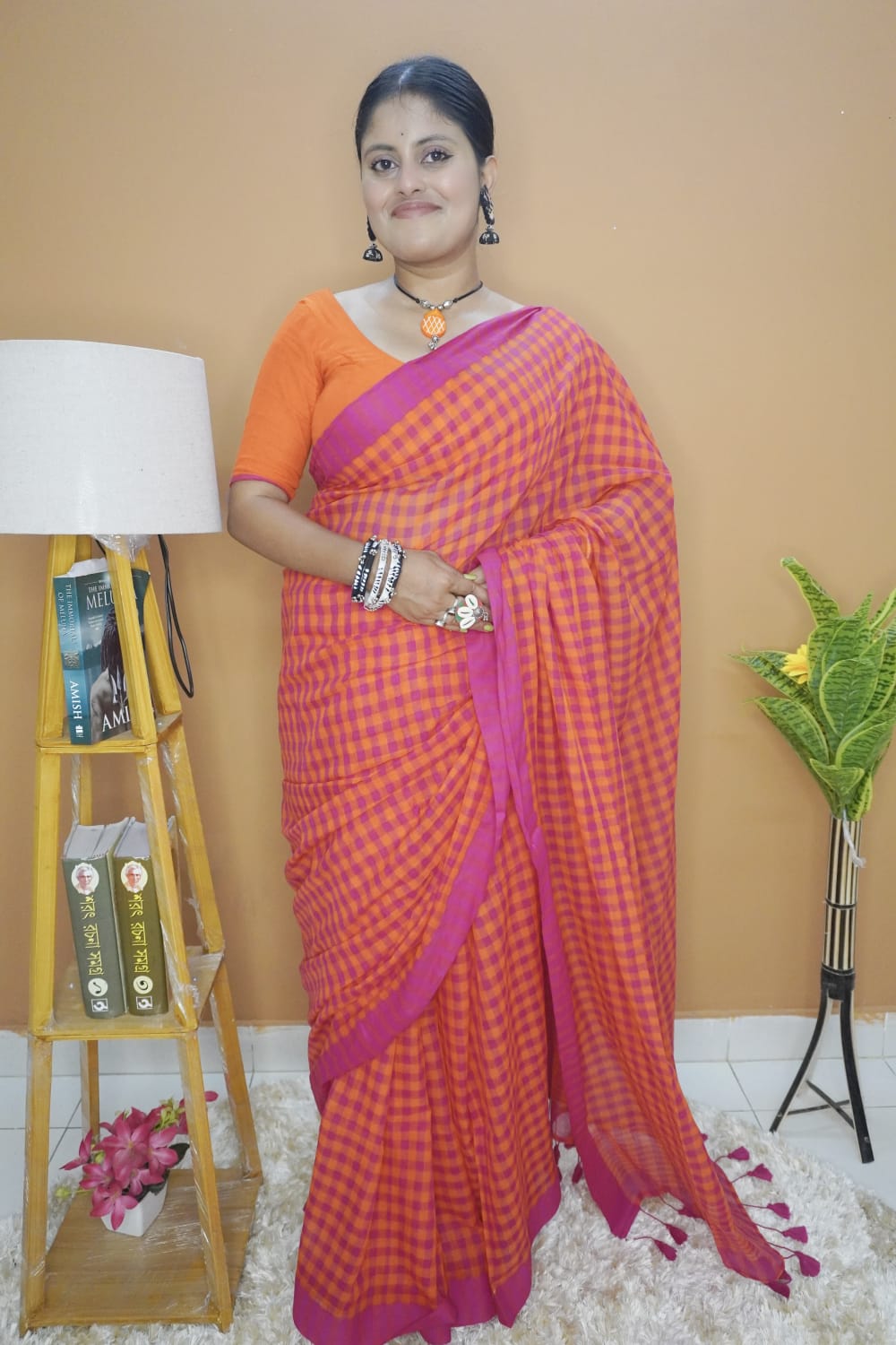 Gamchha pink orange striped saree