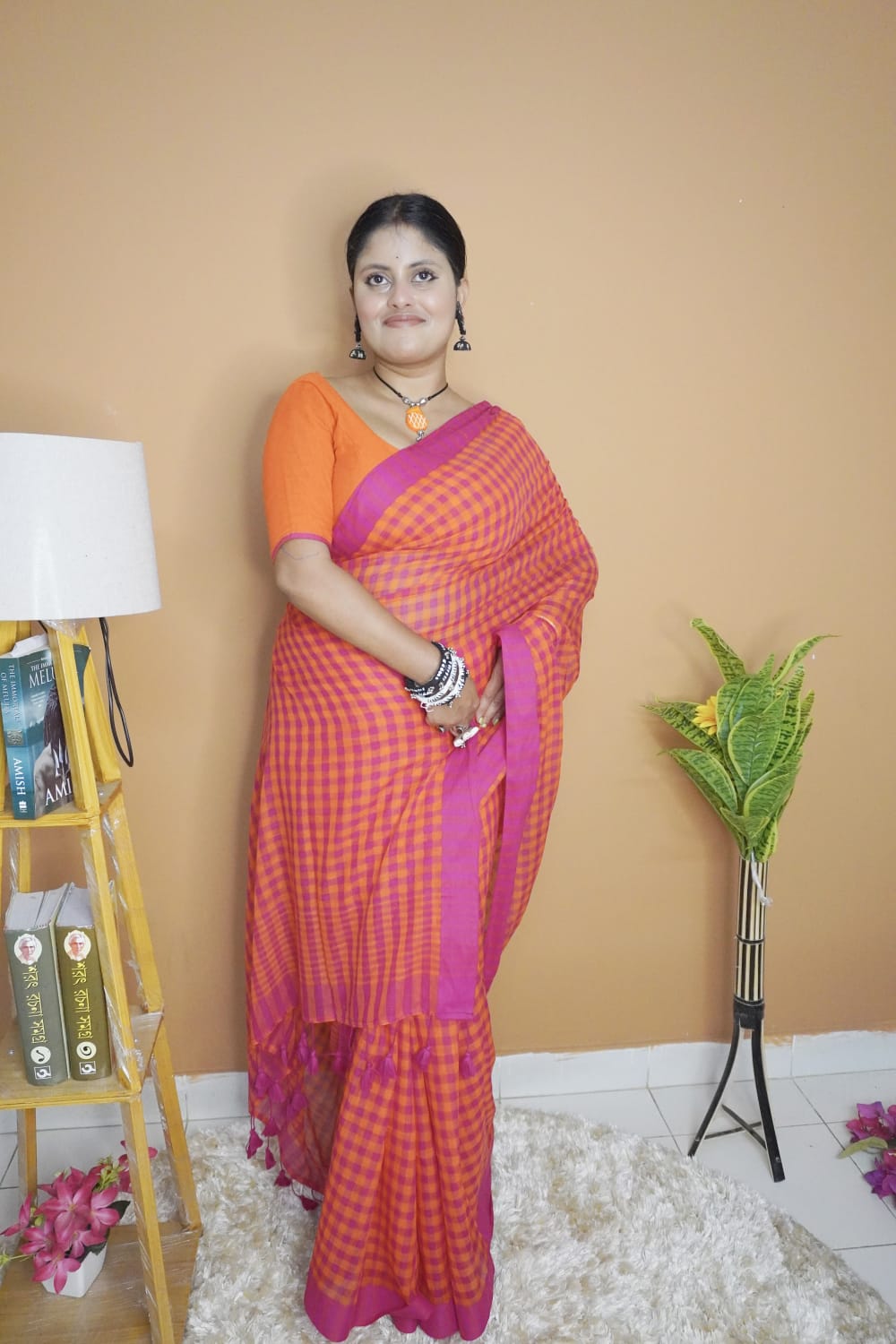 Gamchha pink orange striped saree