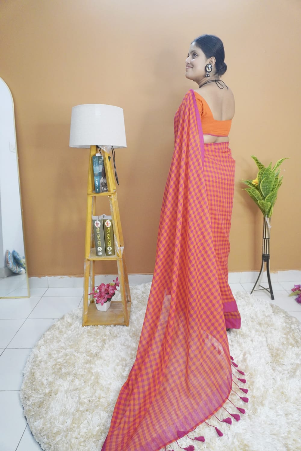 Gamchha pink orange striped saree
