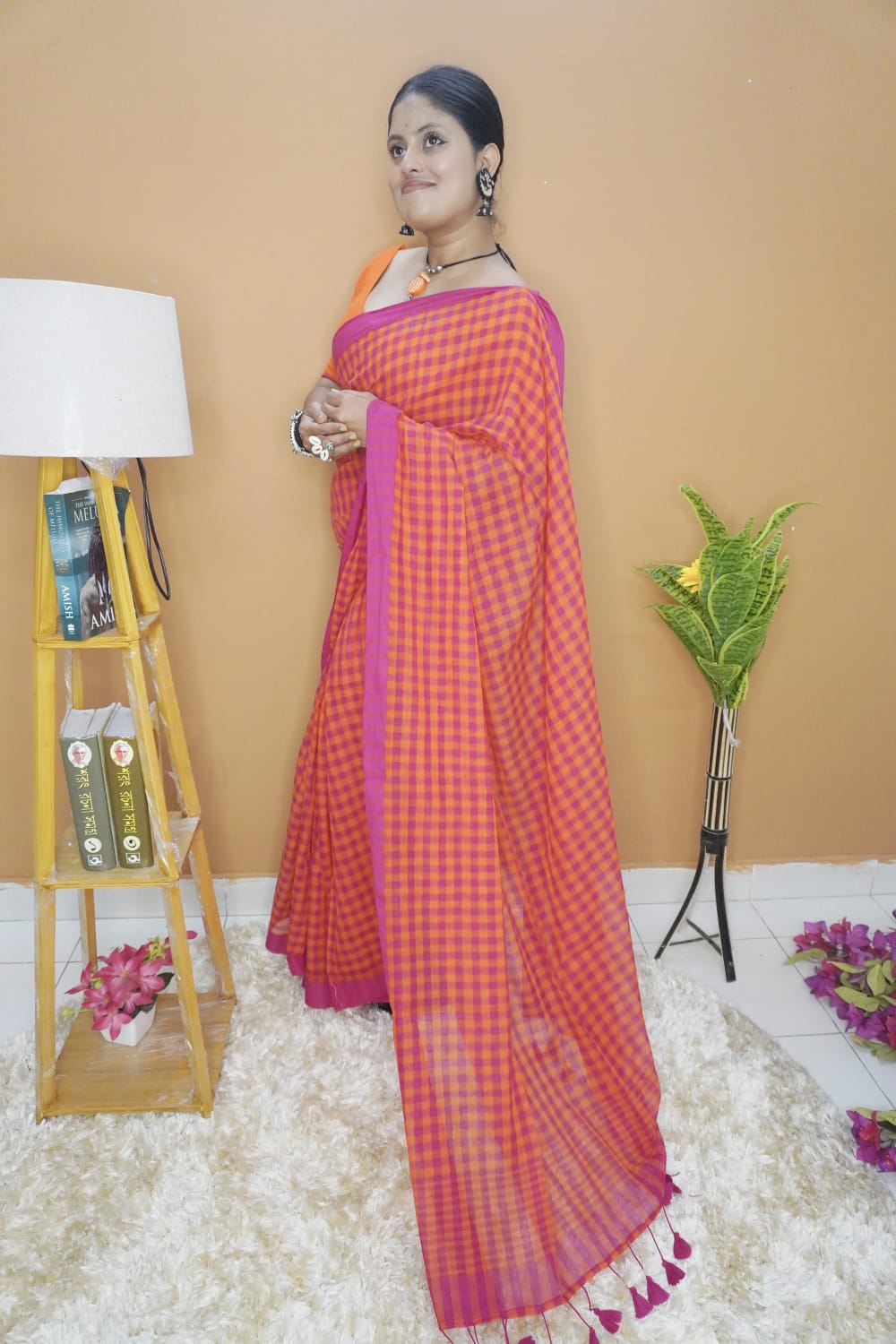 Gamchha pink orange striped saree
