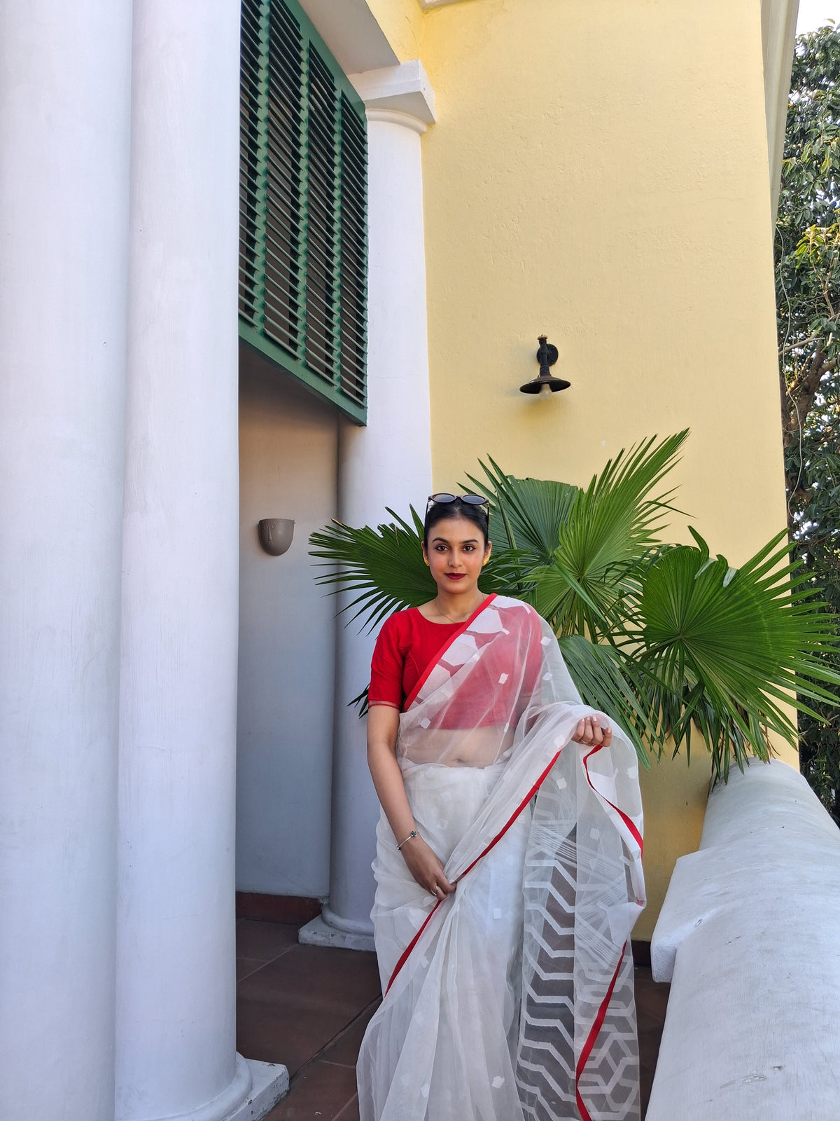 Red Border and White  Maslin Saree