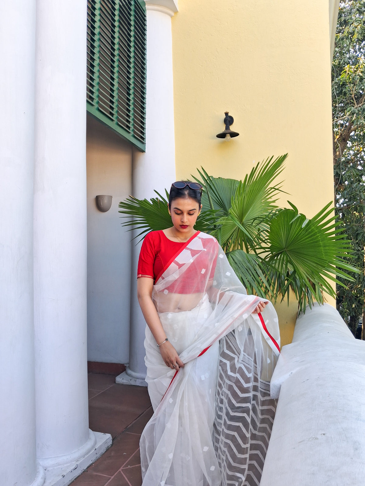 Red Border and White  Maslin Saree