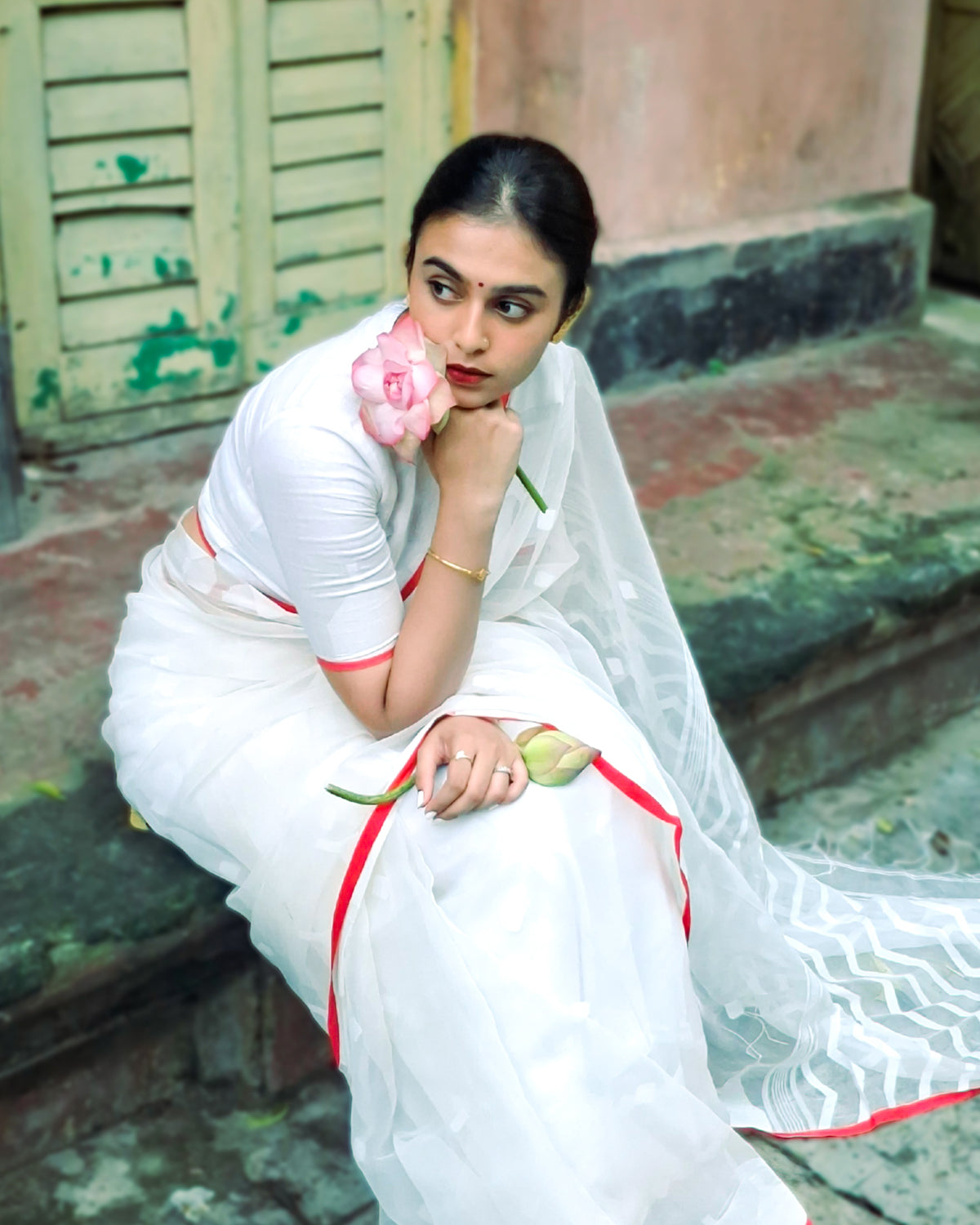 Red Border and White  Maslin Saree
